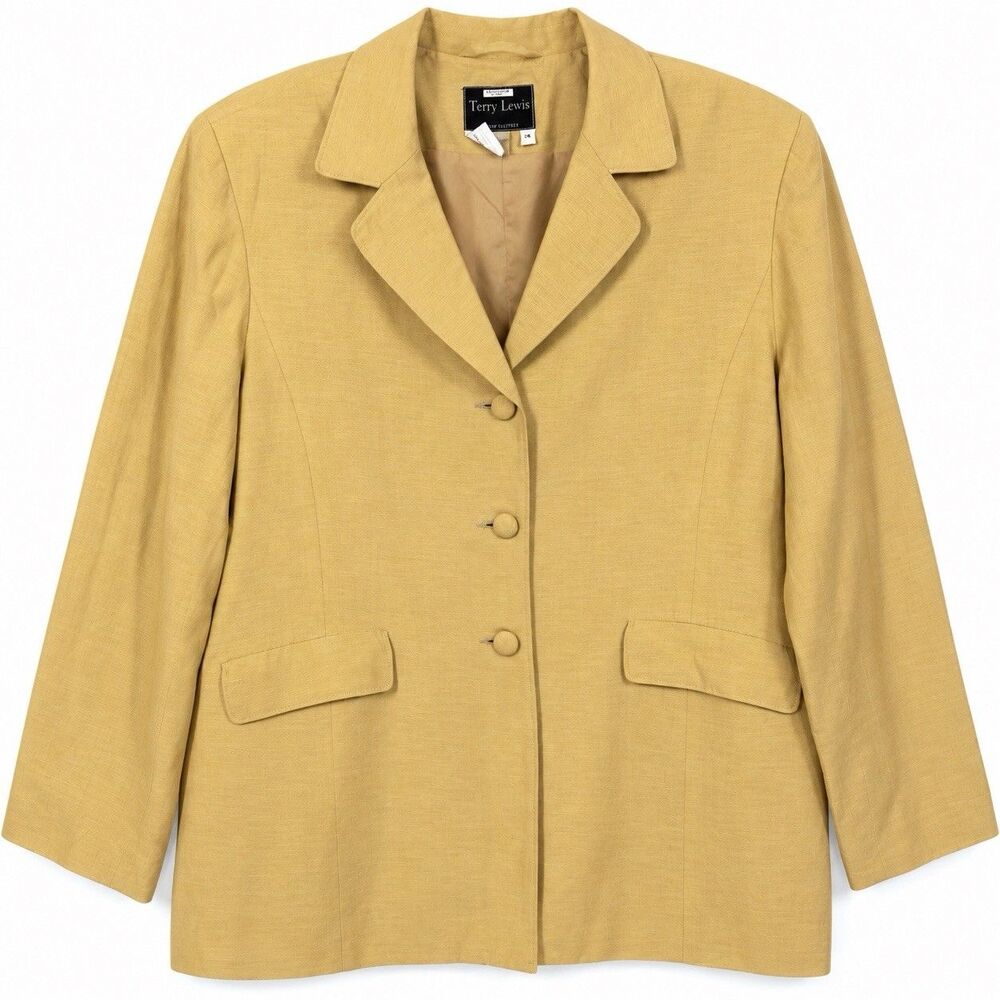 Terry Lewis Silk Linen Blazer Womens 1X Tan Beige Lightweight Oversized Jacket